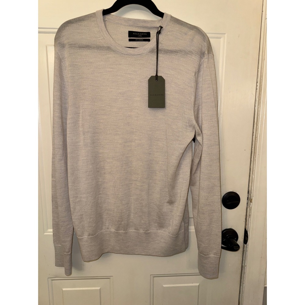 AllSaints Mens Large 100% Merino Wool Crew Neck Sweater Light Grey Marl NWT